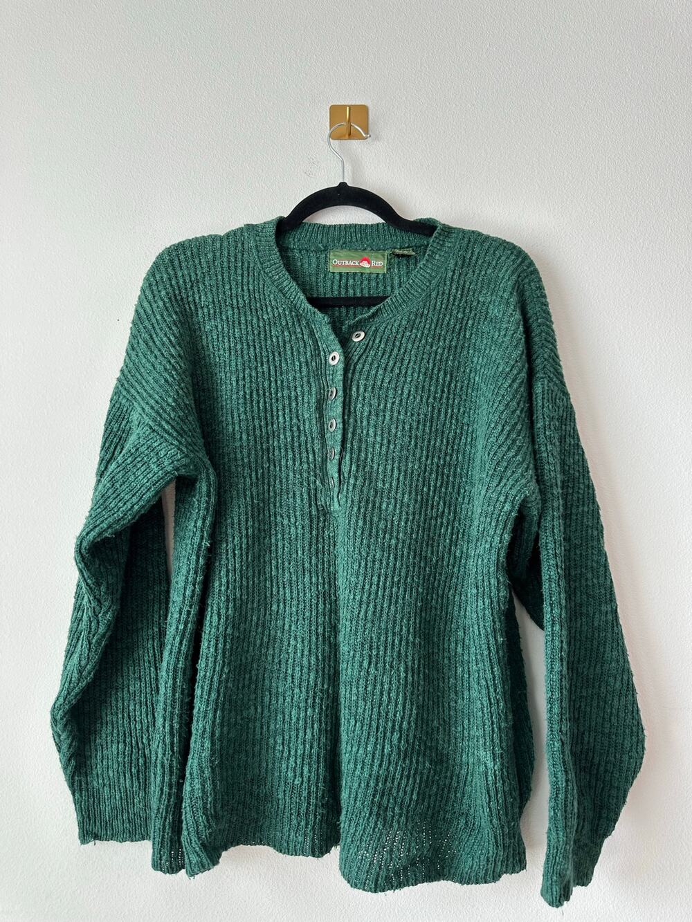 Vintage Outback Red Men’s Green Ribbed Henley Sweater Oversized 90s Grunge M